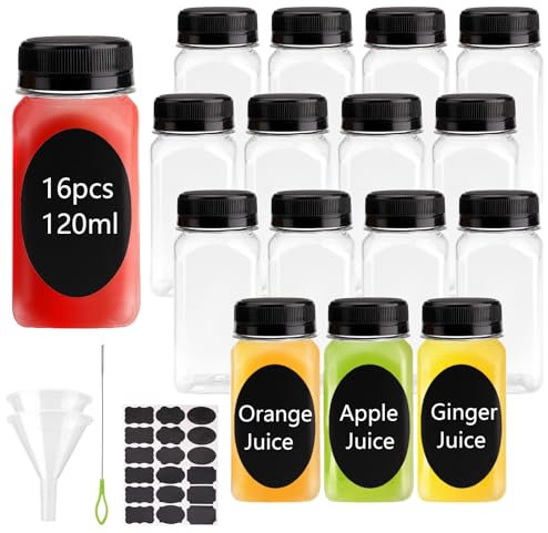16 Stück 120 ml Saftflaschen, wiederverwendbare Kunststoffflaschen mit Deckel, Mini-Sinnesflaschen, kleine leere, flaschenlose Ingwerschnapsflaschen, Flaschenlose Bulk Getränkebehälter, Schnapsflasche