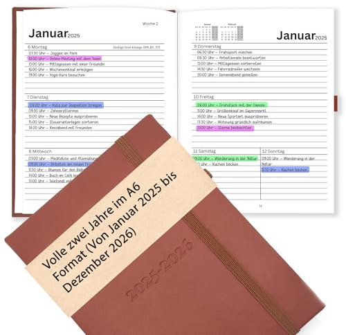 DIN A6 Terminplaner Jan 2025 – Dez 2026 2-Jahres-Kalender auf Deutsch, Terminkalender Wochen-Planer, Agenda & Organizer, Wochenkalender Buchkalender mit Kunstleder-Hardcover & 120 g/m² Papier