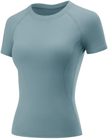 Rapbin Ladies Gym Tops Compression Workout Top Womens Short Sleeve Activewear Sports Tee Shirt Tight Shirts Athletic Yoga Running Gray Blue S