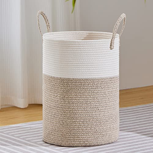 Wäschekorb aus gewebtem Baumwollseil mit Griff, runder hoher Aufbewahrungskorb für Babykleidung, Spielzeug, Decken für Bad, Schlafzimmer, Waschküche, Wohnzimmer, Kinderzimmer, 38 cm × 50 cm, Braun