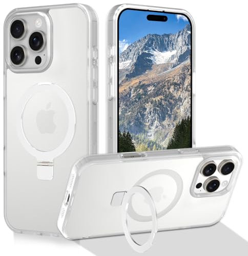 SouliGo Magnetic Case for iPhone 16 Pro Max【Compatible with MagSsafe】 Invisible Ring Holder Kickstand Translucent Matte Hard Back Soft TPU Edge Protective Shockproof Phone Cover with Lanyard - White