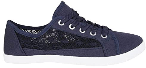 Womens Canvas Plimsolls Soft Lightweight Lace Embroidered Sneaker Shoes, Ladies Summer Beach Pumps Fashion Trainers Casual Flat Shoes (Navy, UK 5)