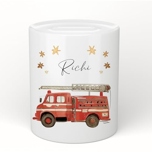 Manufaktur Liebevoll Spardose mit Namen Personalisierte Spardose Kinder Geschenk Baby Mädchen Junge Sparschwein Feuerwehr Fahrzeug