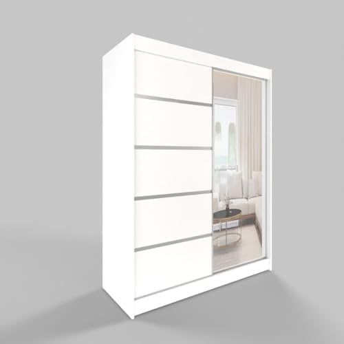 Easy4You 150 cm Modern Sliding 2 Doors White Wardrobe C3 Wardrobe with Mirror for Bedroom Furniture Set with Clothes Rail Storage