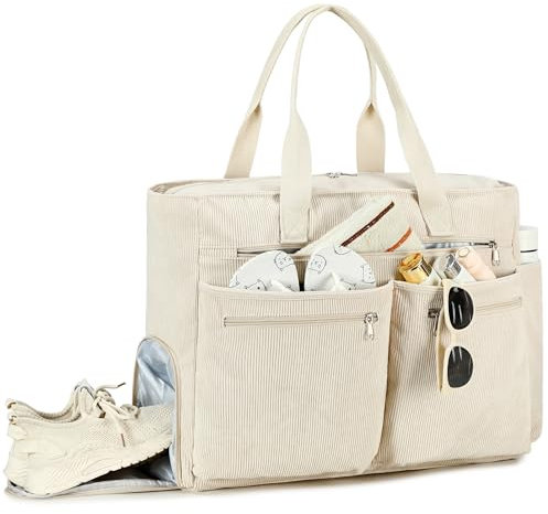 Makukke Borsa Da Spiaggia XXL, Beach Bag Grande con Scomparto, Weekender da Donna Pieghevole e Ultraleggera con Cerniera per Viaggi Vacanze Palestra (Beige-Velluto a Coste)