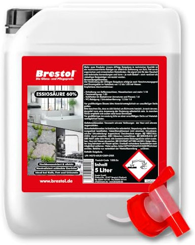 BRESTOL® Essigsäure 60 % – Hochkonzentriert für Industrie & Haushalt – Effektiver Reiniger gegen Kalk, Rost, Fett & Gerüche – Ideal für Küche, Bad, Werkstatt, Gastronomie & Maschinen – 5 L Kanister
