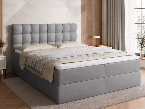 BROMARKT Boxspringbett Detroit 160x200 cm - Doppelbett mit Bonell Matratze - Modern Boxspringbett - Polsterbett mit Bettkasten und Gepolsterte Kopfstütze Grau