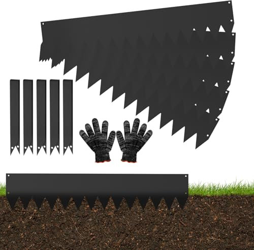 Eikuavons Rasenkanten, 100x20cm Rasenkante Metall scharfen Sägezähnen, Flexible Beeteinfassung Mähkant Palisade mit Clips und Handschuhe, für Gärten Wege, Schwarz (Länge 5m - Höhe 20cm)