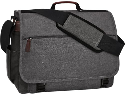 Eshow Umhängetasche Herren Wasserabweisend, Laptoptasche 17,3 Zoll aus Echtleder und Canvas, Messenger Bag Arbeitstasche Schultertasche Vintage für Arbeit Uni Freizeit Büro Grau
