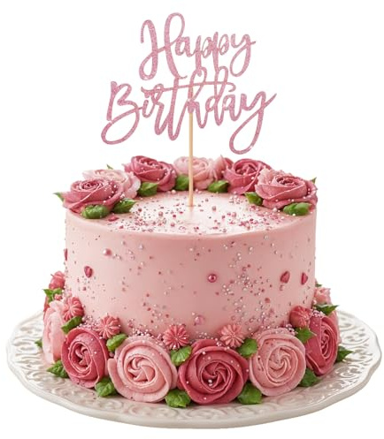 Pink Happy Birthday Cake Topper, Glitter Happy Birthday Cake Decorations