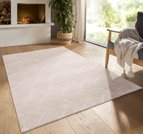 Taracarpet Kurzflor Boho Skandi Polyester Teppich in 3D Optik waschbar, pflegeleicht und robust ideal fürs Wohnzimmer, Schlafzimmer und Kinderzimmer auch als Badematte Beige Düne 160x230 cm