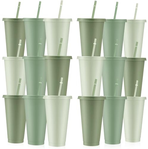 ASMIZ 24 Pcs Sage Green Plastic Cups with Lids and Straws, 24 oz Tumblers | Reusable Design, Travel Mug Cups for Coffee, Drinks, Wedding, Bridal Shower, Baby Shower and Birthday