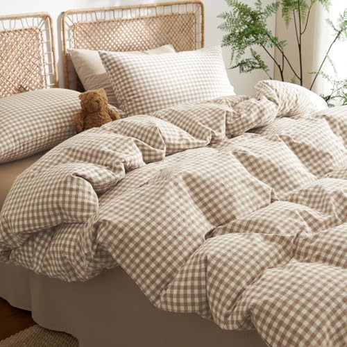 Bettwäsche 135x200 Baumwolle Braun Kariert Bettbezug + Kissenbezug 80x80cm | Baumwollbettwäsche Set, Modern Karo Muster, Landhausstil, Geometrisch, Karomuster, ÖKO-TEX, Bettbezug mit Reißverschluss