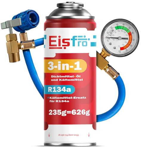 Eisfro - 3in1 Air Con Recharge Gas R134a – 235 g Car AC Refill Kit with Hose and Pressure Gauge – ECO