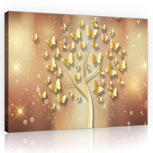 Forwall Leinwandbild Wohnzimmer Schlafzimmer gold Baum Schmetterlinge Abstrakt 100x75 cm - Modern Bilder Groß XXL Wandbild Kunstdruck Wandbilder Canvas Desing Wand Bild auf Leinwand Aufhängefertig
