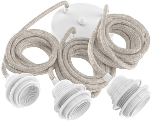 Hoopzi - Suspension Luminaire 3 Ampoules - 2,5m - Câble en Lin - Lustre pour Salon, Cuisine, Chambre - Modèle Hang 3 Lin Naturel Pavillon Blanc
