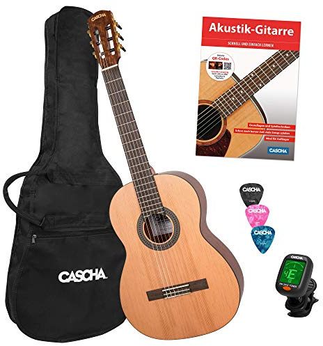 CASCHA 4/4 Konzert-Gitarre Einsteiger-Set I inkl. Lehrbuch QR-Codes - Tasche - Stimmgerät - Plektren I für Anfänger & Kinder ab 10 Jahre - ideal zum Gitarre lernen I Akustik-Gitarre mit Nylon-Saiten