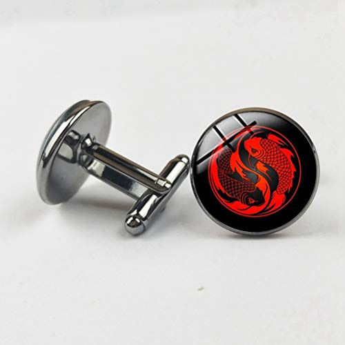 Manschettenknöpfe für Herren, Charms Rot Schwarz Fisch Yin Yang Design Glaskuppel Schwarz Kupfer Manschettenknopf, Modisches Shirt Zubehör Geschenk Für Buchhalter Boss Business Hochzeit Prom Offi
