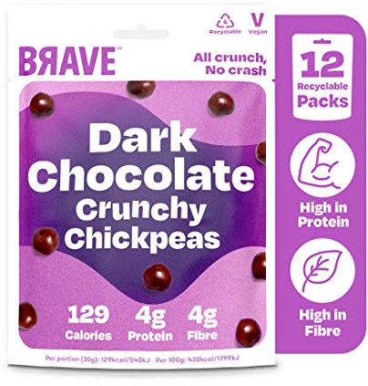 BRAVE Roasted Chickpeas: Healthy Snack, Low Calorie - Dark Chocolate (12 x 30g Packs)