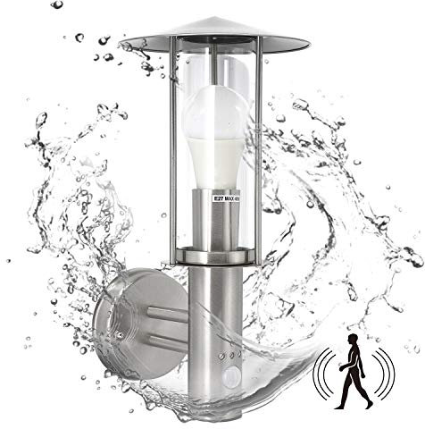 HiBay Applique Murale Extérieur Detecteur de Mouvement E27 12W,IP44 Luminaire Exterieur Étanche Blanc Chaud 1200LM Moderne en Inox Brossé PIR Lampes murales 1x E27 Ampoule LED