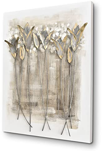 House of Arts Metallbild 'Piante d'oro Gold' 60x80cm Blumen Modern Wandbild Wanddeko Relief 3D Gold
