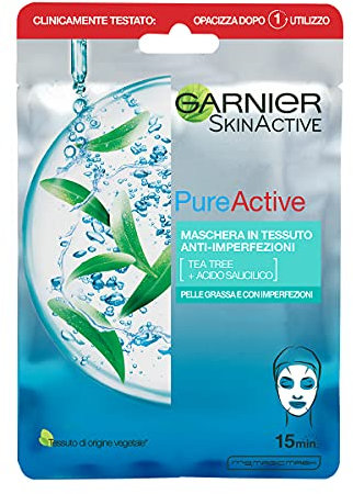 Garnier SkinActive, Maschera in tessuto anti-imperfezioni e idratante Pure Active, Per pelli grasse con imperfezioni