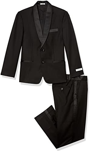 Calvin Klein Boys' 2-piece Formal Tuxedo Suit Set, Includes Jacket & Dress Pants, Satin Trim Detailing & Functional Pockets, Black, 10
