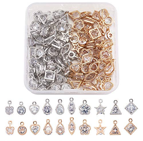 FASHEWELRY 80pcs/box Clear Cubic Zirconia Charm Pendants Mixed Shapes Alloy Dangle Charms Light Gold & Platinum for Bracelet Necklace Earring Jewellery Making