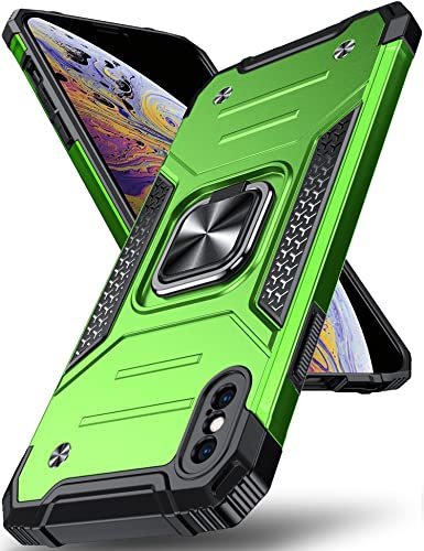 DASFOND Armor Hülle für iPhone X/10 iPhone XS Case mit Kameraschutz Militär Stoßfest Handyhülle [Upgrade 2.0] 360 Grad Metal Ring Halter Ständer Schutzhülle [für Handyhalterung Auto Magnet], Grün
