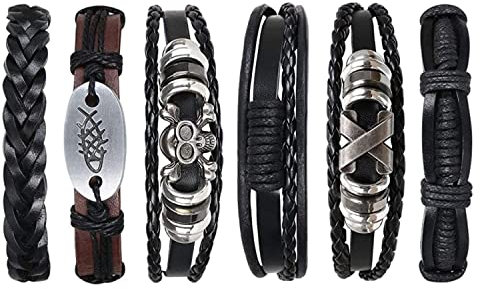 BRACO Heavy Metal Armband » Rock Armband » Punk Armband – Set mit 6 geflochtenen Lederarmbändern mit Totenkopf – Retro-Armband schwarz und braun für Damen und Herren, 18 - 34 cm, Leder