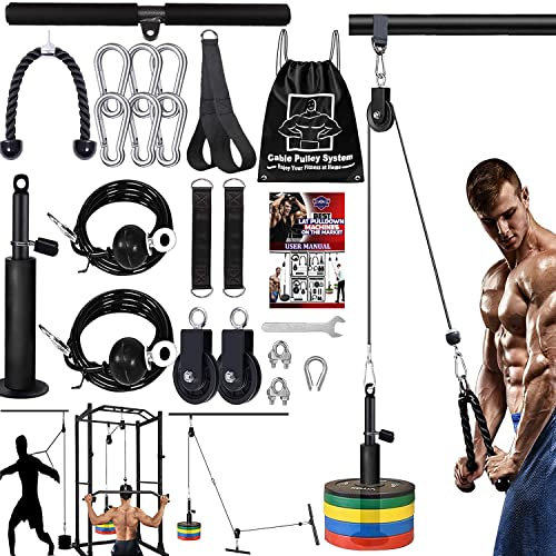 Cable Pulley System Gym Upgraded Home Strength Training Equipment Workout Accessories LAT Pull Down Fitness for Triceps Pull Down Biceps Curl Back Forearm Shoulder (2 Cables+3 Handles)