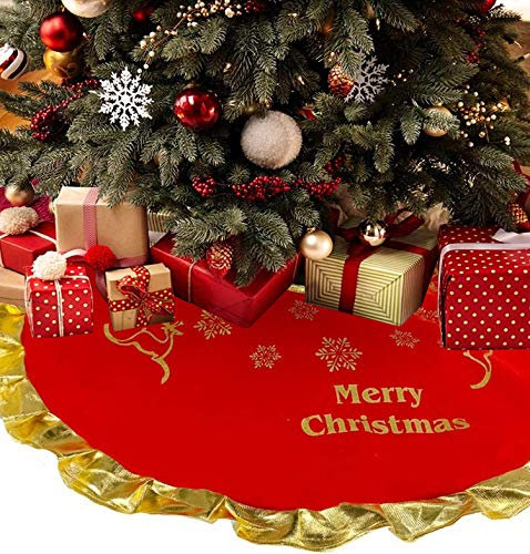 35.4 Jupe de Sapin de Noël de Luxe Rouge, Grande DÉCoration de Sapin de Noël en Flanelle,Volants À Paillettes DorÉEs avec Renne, Flocons de Neige,Joyeux Noël pour la dÉCoration IntÉRieure/ExtÉRieure