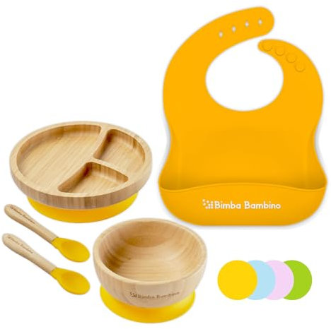 Bimba Bambino ® Premium Weaning Set | Bamboo Suction Plate, Bowl, Two Spoons and Silicone Bib, Sturdy and Safe Non-Toxic Natural Bamboo, Yellow