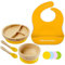 Bimba Bambino ® Premium Weaning Set | Bamboo Suction Plate, Bowl, Two Spoons and Silicone Bib, Sturdy and Safe Non-Toxic Natural Bamboo, Yellow