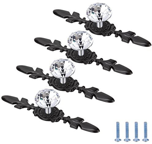 MengH-SHOP Crystal Drawer Knobs Diamond Shape Cabinet Pull Handle with Black Plate for Kitchen Door Cupboard Wardrobe Drawer Bedroom Dresser Furniture Decoration 170MM (Pack of 4)