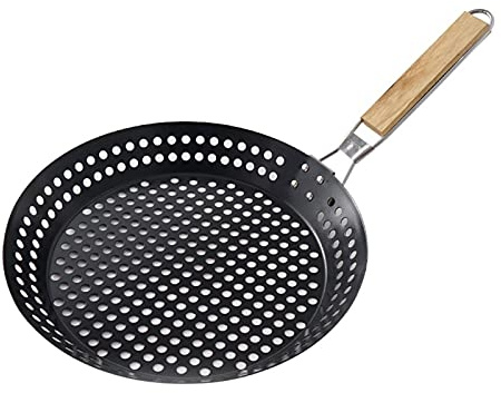 TKSE Non-Stick Skillet, Outdoor Grill Skillet Barbecue Topper Tray Nonstick Skillet Pizza Steak Grill Pan with Folding Removable Handle for Home Outdoor Barbecue