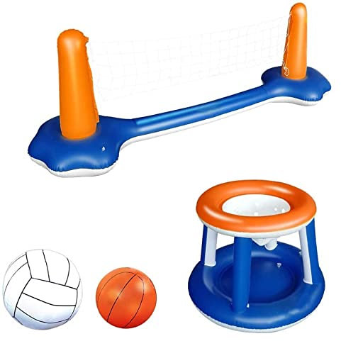 Flotteur de Piscine Gonflable, Gonflable Basket Volley Piscine Enfant Adulte Jeux pour Piscine, Filet de Volleyball, Cerceaux de Basket-Ball et Balles Incluses, Jeu de Natation, Flotteurs