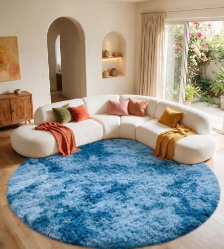 MARATIP Teppich Wohnzimmer Batik-blau Ø 120 cm Flauschig Weich | Hochflor-Teppich, waschbar, rutschfest, weich. Perfekt für Schlafzimmer, Esszimmer und Kinderzimmer.