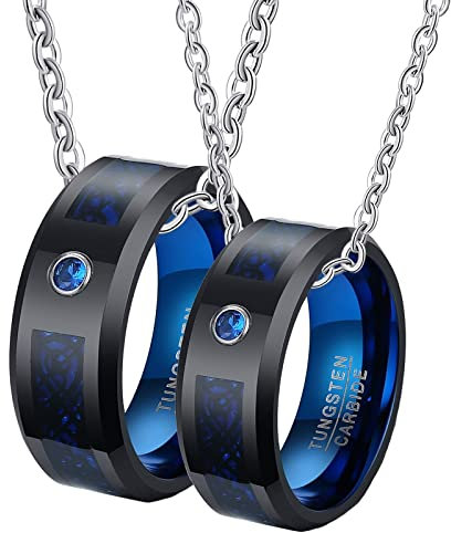 Kette für Paare mit Gravur, Halskette Schwarz Mnner Wolfram 8 mm Schwarzer Ring mit Abgeschrägten Kanten Und Zirkonia Damen 54 (17.2) Herren 57 (18.1)