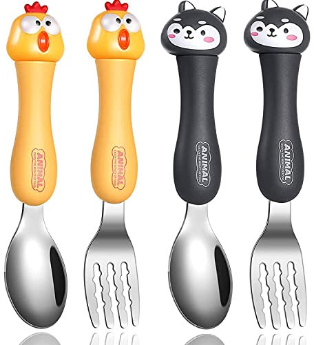 4PCS Tenedor Bebe, WitBicg Cubiertos Bebe, Cubiertos Infantiles Acero Inoxidable, Talheres Bebe Ayuda a Alimentar Al Bebé, Aumentar El Apetito, Cubiertos de Animales (Amarillo & Negro)