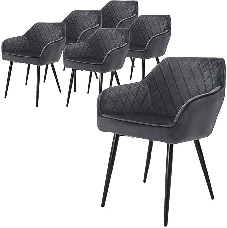 ML-Design 6er Set Esszimmerstühle mit Armlehne und Rückenlehne, Anthrazit, Küchenstuhl mit Samtbezug, Polsterstuhl mit Metallbeinen, Ergonomischer Stuhl für Esstisch, Esszimmerstuhl Wohnzimmerstuhl