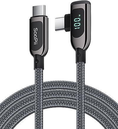 SOOPII 100W Right Angle USB C to USB C Cable,4FT Zinc Alloy Braided Type-C Cable with LED Display for lphone 15, lPad Air/Pro,MacBook Pro,Galaxy S23/S22/S10,Pixel,LG(1.2m,grey)