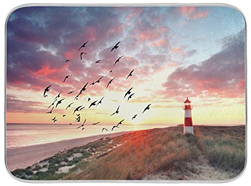 Badematte 40X60cm, Bunter Sonnenaufgang Am Leuchtturm Fußmatte Resistente Badvorleger Rutschfester Matten Für Flur Küche Badezimmer