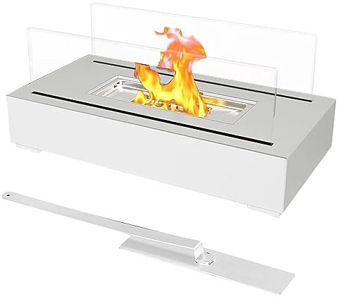 Cheminée de table au bioéthanol avec verre latéral pour l'intérieur et l'extérieur - Chauffage de table au bioéthanol avec extincteur (blanc)