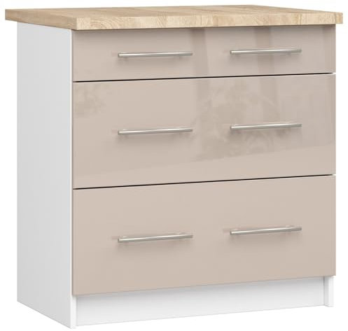 AKORD | Küchenschrank mit Arbeitsplatte - Oliwia S80 | Küchenunterschrank mit 3 Schubladen | Unterschrank Küche 80 cm Breit | ABS-Kante 18 mm | 46 x 80 x 85 cm | Weiß | Cappuccino Glanz