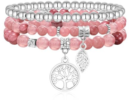 Armband Damen Perlen Lebensbaum : 3pcs Armbänder Frauen mit Baum des Lebens Anhänger Rosa Naturstein Armreif Schmuck Geschenke für Mama, Freund, Tocher, Schwester Weihnachten, Erntedank, Geburtstag