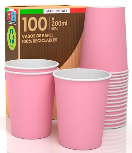 Baciato Caffè 100 Verres en Papier 200 ml écologiques biodégradables Gobelet Jetables pour Emporter Cafè des boissons chaudes, roses