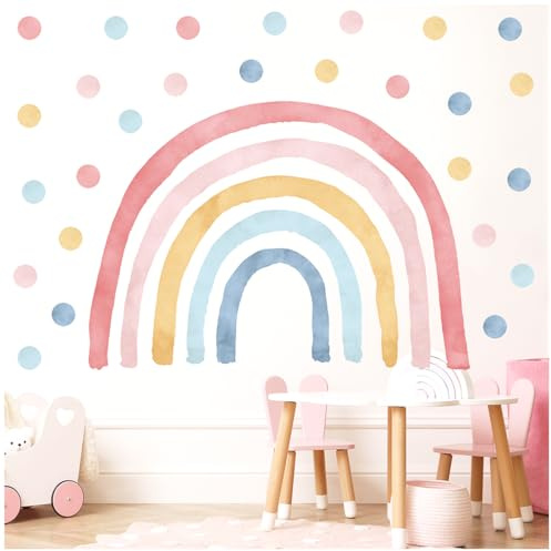 Wally Fox Wandsticker Kinderzimmer Regenbogen & Punkte rosa & blau Größe XL | Fünf große Regenbögen von je 92,6x130 cm und 50 Punkte von je 7,9 cm in Rosa und Blau für eine große Kinderwand.