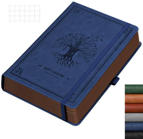 RETTACY Notizbuch A5 Kariert, Dickes Raster Notizbuch, Leder Hardcover 320 Seiten, 100gsm kariertes Papier, Innentasche, für Büro Schule Arbeit Frauen Männer Arbeit, 14.5 x 21cm-Blau