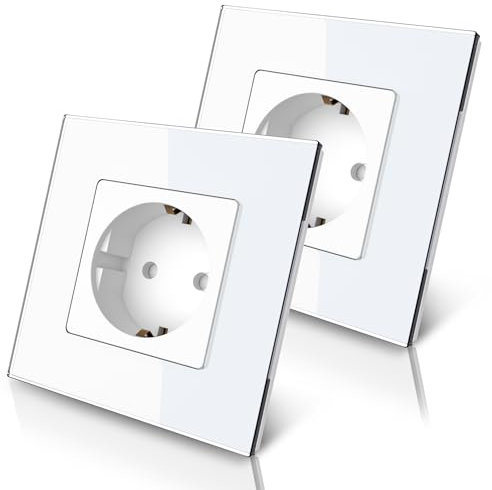 PULSAR Steckdose 1 Fach Glas Weiß 2er Pack, Unterputz Steckdose EU-Standard 16A 250 V mit Glasrahmen Abdeckung und Kindersicherung - Einzelsteckdose 86mm Komplett Set Flache Steckdosen